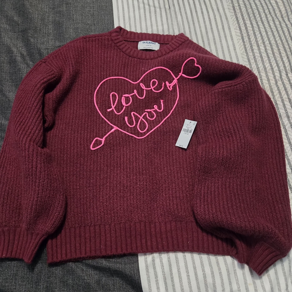 Old Navy Maroon Sweater with Pink Heart Design